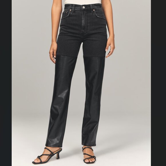 Abercrombie & Fitch Denim - Abercrombie Women's Mixed Fabric Ultra High Rise 90s Straight Jean 14/33 Black